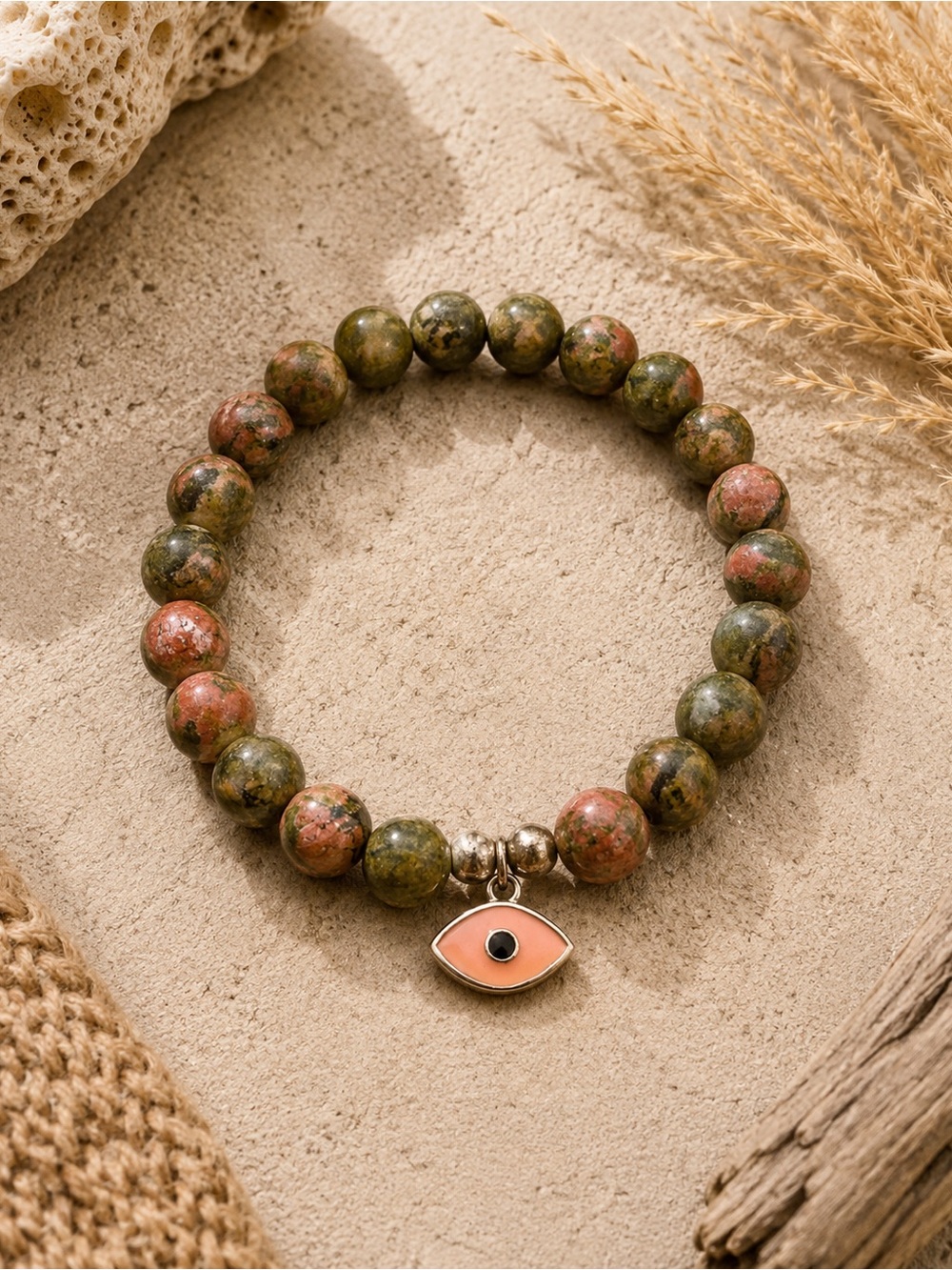 Bali Artisan Unakite Stone Evil Eye Beaded Bracelet